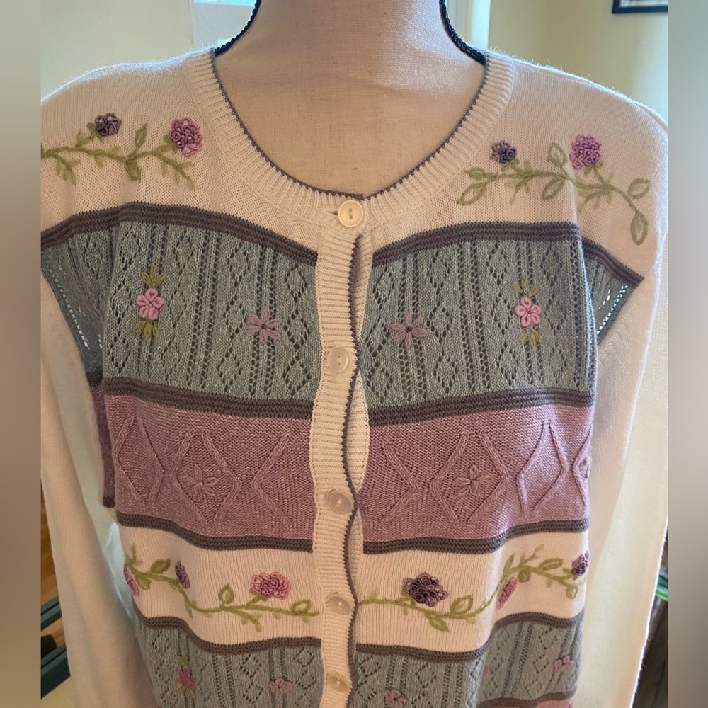 Vintage Alfred Dunner Floral Embroidered White/Teal/Lilac Cardigan L - Picture 2 of 11